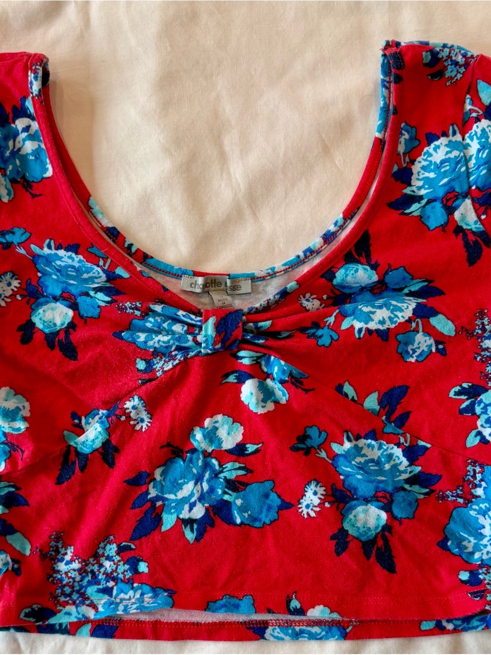 Red Floral Scoop Neck Crop Top with Blue Roses